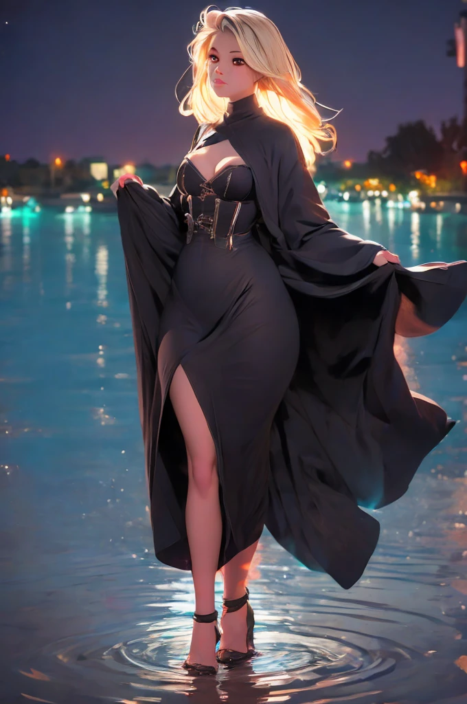 breathtaking 1girl, standing on shallow water, dark moonless sky background, dress hems floating gently on the surface of the water, glowing body, in dark, neon lamp gemshadow celestial maiden robe , masterpiece, award-winning, professional, highly detailed,