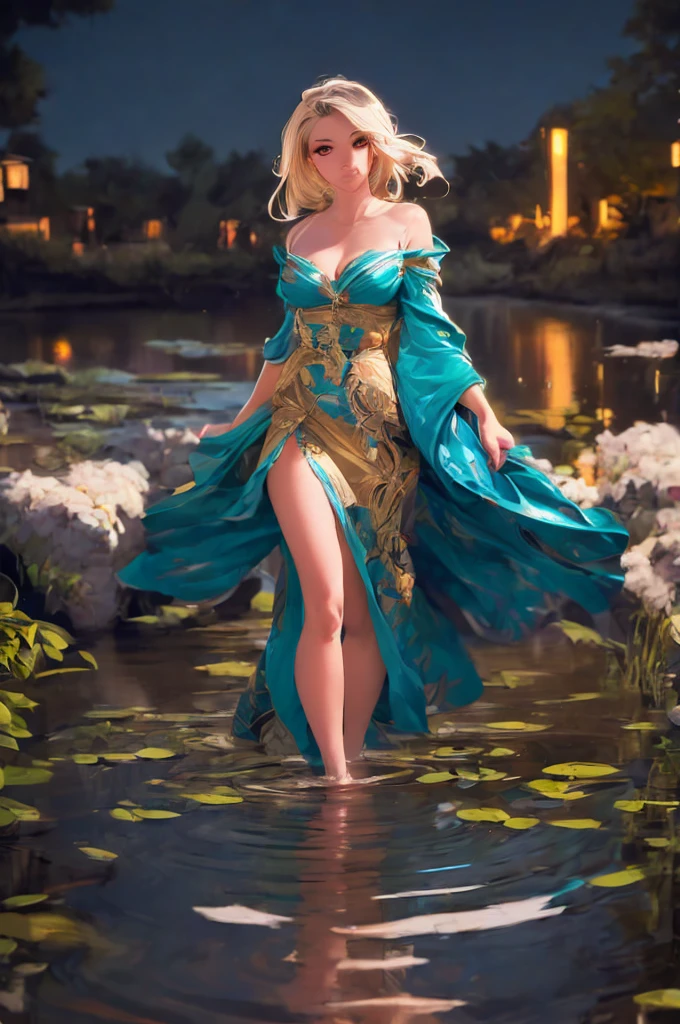 breathtaking  1girl,  standing on shallow water, dark moonless sky background, dress hems floating gently on the surface of the water, glowing body, in dark, neon lamp gemshadow celestial maiden robe , masterpiece, award-winning, professional, highly detailed, 