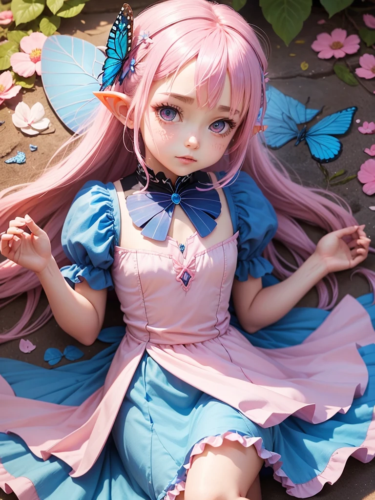 cute little Fairy, blue butterfly, pink hair, pink eyes,  dress pointy ears dress made of petals leaves leaning forward