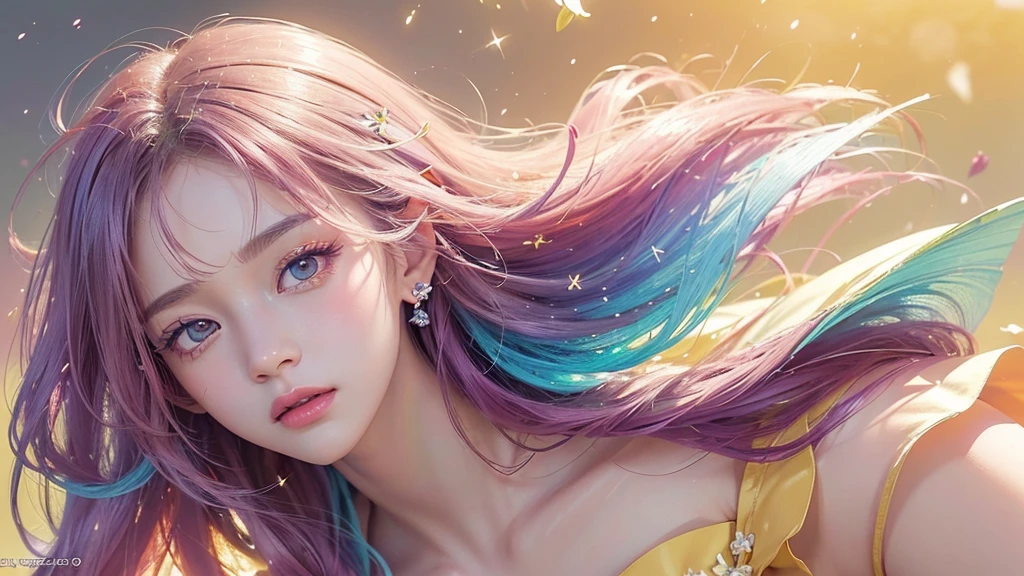 One girl, alone, flower畑, flower, (Official Art, unity 8k wallpaper, Super detailed, beautifully、aesthetic, masterpiece ,Highest quality:1.3), (Dynamic Angle:1.2), (Floating colorful sparkles:1) , elegant, Vibrant colors, Highly detailed face, Detailed eyes, Glowing Skin, Glossy Lips , Pale yellow background,