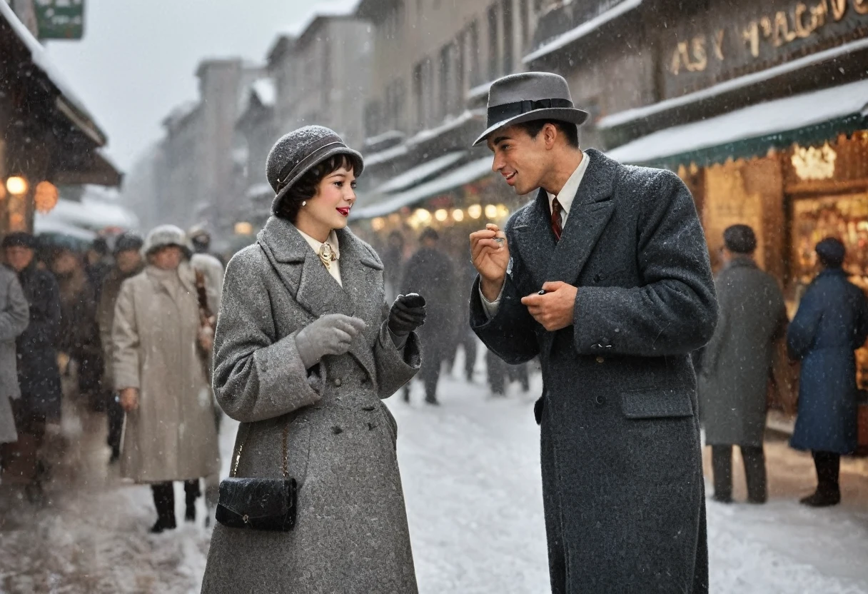 Vintage photography style, Art Deco，best quality,8K,high resolution,Very detailed，very clearly，Snowy Days，Commercial Street，（Many fashionable boys and girls are shopping），（Warm and lively atmosphere）， Delicate texture，Smooth visible velvet，Wear pearl jewelry，High-end decoration，The male and female protagonists kiss，People around cheered and applauded
