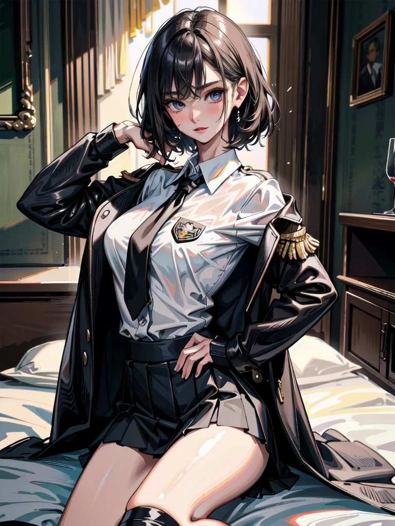 absurdres, RAW photo, extremely delicate and beautiful, masterpiece, Best Quality, ultra high resolution, 32k, hyperrealistic, ultra-detailed, perfect anatomy, anatomically correct, perfect figure, Perfect Style, Perfect balance, super Detailed skin, in her 30s, very Slim body, narrow waist, very small head, very small face, delicate facial features, handsome detailed woman, very detailed eyes and face, realistic face proportions, Realistic beautiful face, Realistic beautiful eyes, tearful mole, earring, big tits, whole body shot, medium hair, indoor, long military jacket, (holding broad katana:1.2), (school_uniform:1.2), skirt, dress shirt,