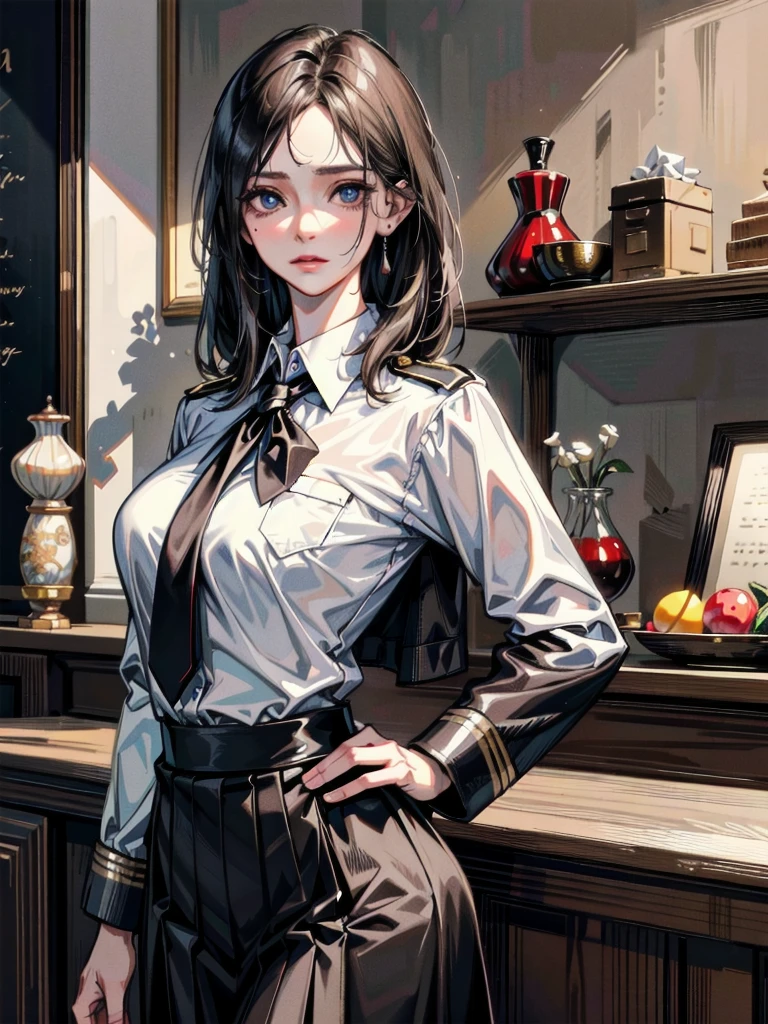 absurdres, RAW photo, extremely delicate and beautiful, masterpiece, Best Quality, ultra high resolution, 32k, hyperrealistic, ultra-detailed, perfect anatomy, anatomically correct, perfect figure, Perfect Style, Perfect balance, super Detailed skin, in her 30s, very Slim body, narrow waist, very small head, very small face, delicate facial features, handsome detailed woman, very detailed eyes and face, realistic face proportions, Realistic beautiful face, Realistic beautiful eyes, tearful mole, earring, big tits, whole body shot, medium hair, indoor, long military jacket, (holding broad katana:1.2), (school_uniform:1.2), skirt, dress shirt,