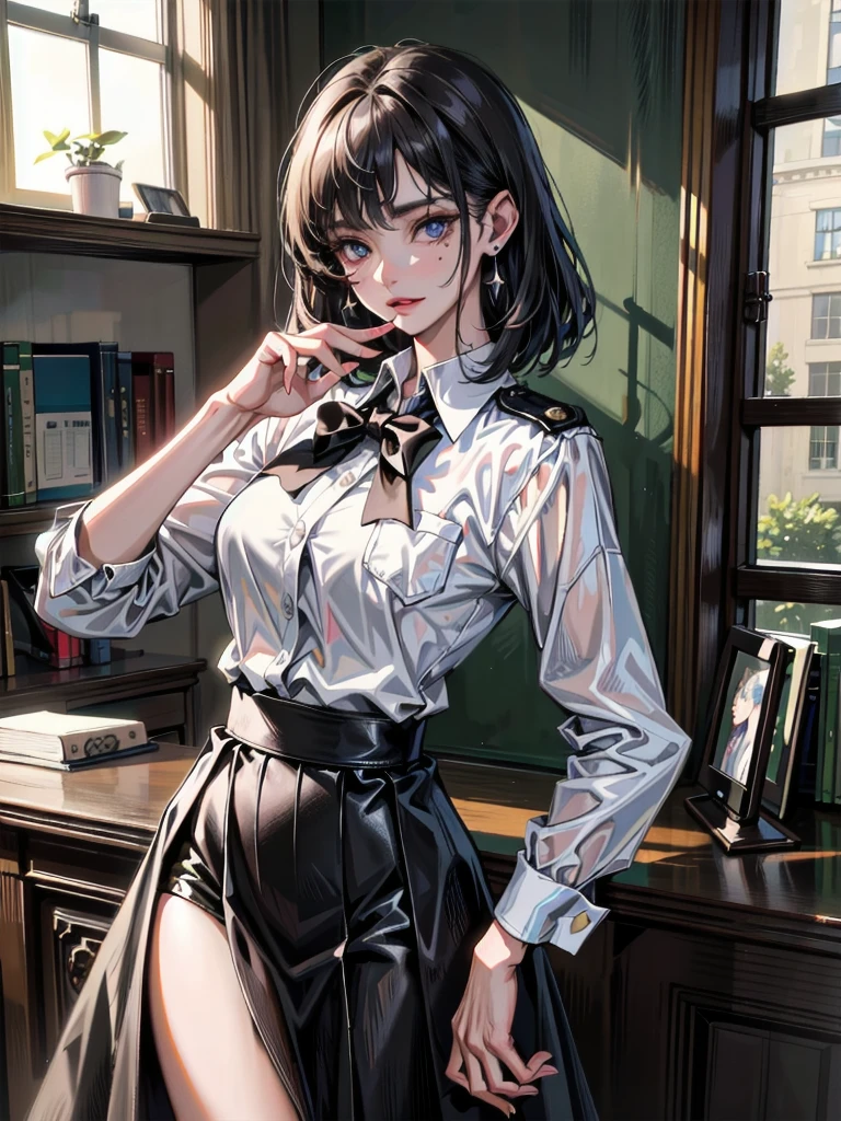 absurdres, RAW photo, extremely delicate and beautiful, masterpiece, Best Quality, ultra high resolution, 32k, hyperrealistic, ultra-detailed, perfect anatomy, anatomically correct, perfect figure, Perfect Style, Perfect balance, super Detailed skin, in her 30s, very Slim body, narrow waist, very small head, very small face, delicate facial features, handsome detailed woman, very detailed eyes and face, realistic face proportions, Realistic beautiful face, Realistic beautiful eyes, tearful mole, earring, big tits, whole body shot, medium hair, indoor, long military jacket, (holding broad katana:1.2), (school_uniform:1.2), skirt, dress shirt,