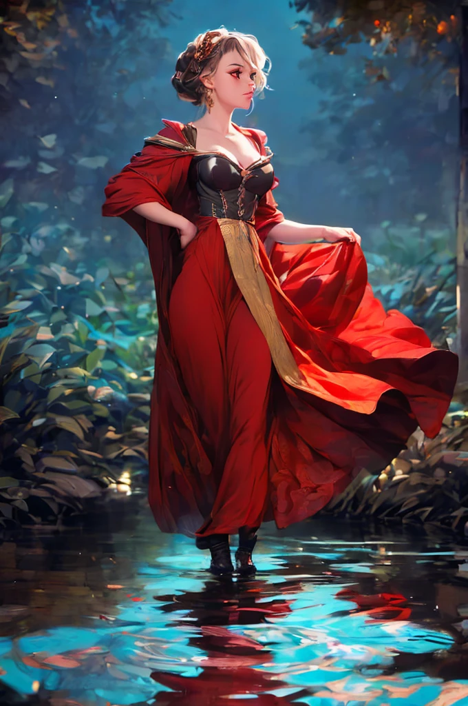 breathtaking  1girl,  standing on shallow water, dark moonless sky background, dress hems floating gently on the surface of the water, glowing body, in dark, neon lamp gemshadow celestial maiden robe , masterpiece, award-winning, professional, highly detailed, 