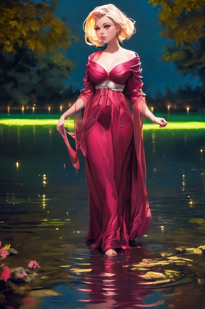 breathtaking  1girl,  standing on shallow water, dark moonless sky background, dress hems floating gently on the surface of the water, glowing body, in dark, neon lamp gemshadow celestial maiden robe , masterpiece, award-winning, professional, highly detailed, 