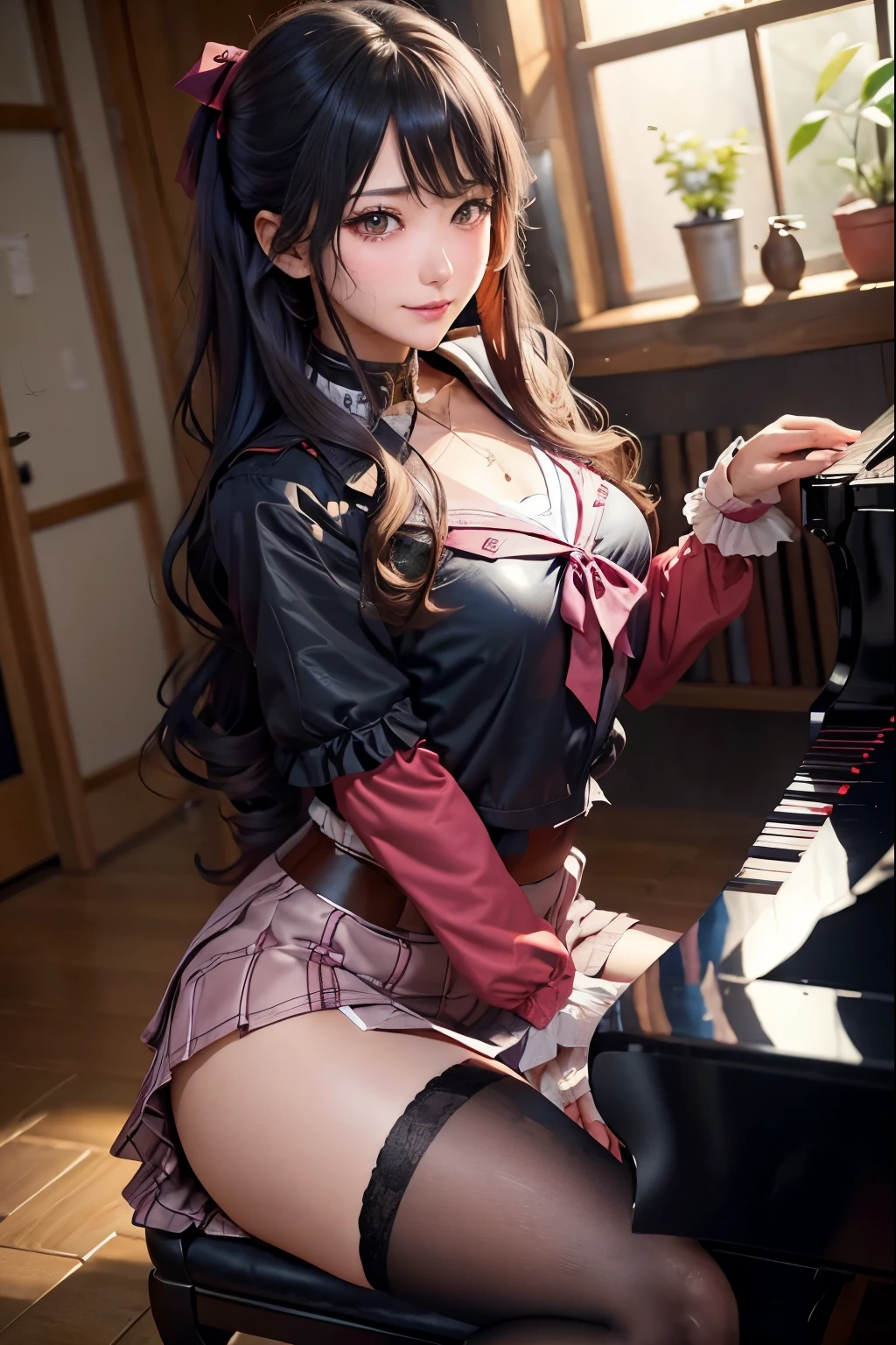 high school girlブレザー、high school girl、Red Check Skirt、JK Style、Jacket、smile、garter、Knee socks、Panty stocking、Otherworldly beauty、Extraordinarily cute、boredom、unusual beauty、Black dark eyeshadow、Sadness、Good skin glow、Long Hair Straight Hair、Dark Gothic Makeup、Dark smile、Beautiful woman、Stained Glass Background、On the table、Best Quality、5 reference books、Sweat glistens on my chest、Sweat glistens on my face、Thigh sweat、sweating、Black frills East size Regular size、Dark pink hair、Age 22 years old、Sweat sticks to my thighy thighs sweat a lot and get sticky.、Thighs are sticky and shiny、Sweating on thighs and chest、Chest size: S、Slightly slim、全身sweating、play piano、sit and play an instrument、The legs are thin、