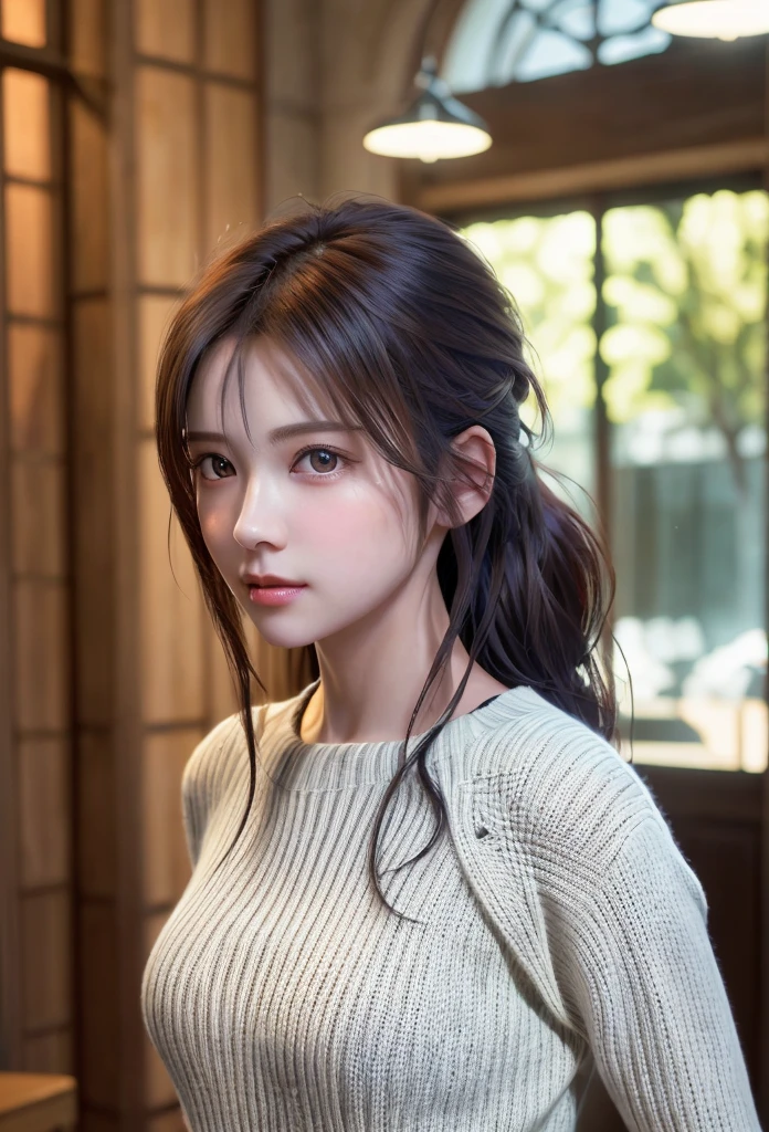 8K, of the highest quality, masutepiece:1.2), (Realistic, Photorealsitic:1.37), of the highest quality, masutepiece, Beautiful young woman, Pensive expression,、A charming、and an inviting look, Oversized knitwear、Hair tied back, Cinematic background, Light skin tone