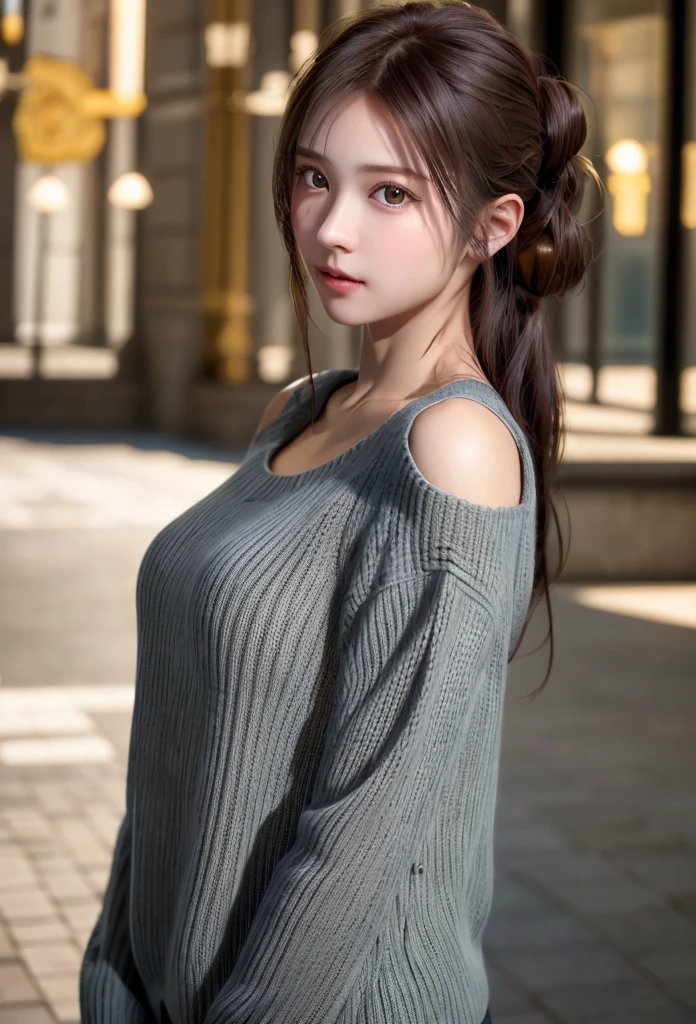 8K, of the highest quality, masutepiece:1.2), (Realistic, Photorealsitic:1.37), of the highest quality, masutepiece, Beautiful young woman, Pensive expression,、A charming、and an inviting look, Oversized knitwear、Hair tied back, Cinematic background, Light skin tone