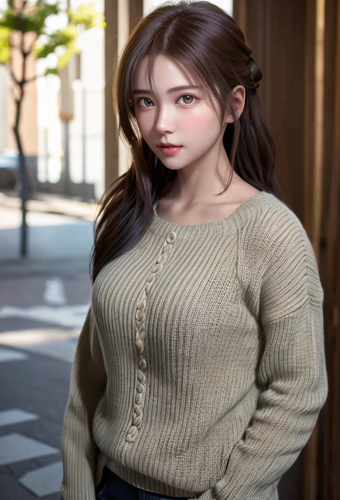 8K, of the highest quality, masutepiece:1.2), (Realistic, Photorealsitic:1.37), of the highest quality, masutepiece, Beautiful young woman, Pensive expression,、A charming、and an inviting look, Oversized knitwear、Hair tied back, Cinematic background, Light skin tone
