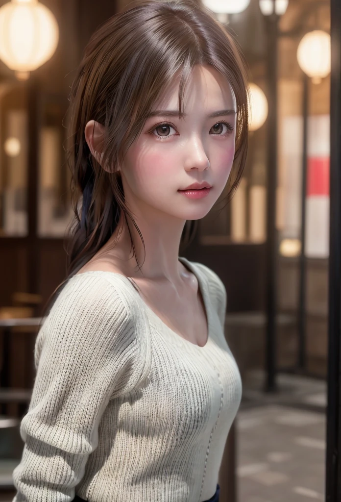8K, of the highest quality, masutepiece:1.2), (Realistic, Photorealsitic:1.37), of the highest quality, masutepiece, Beautiful young woman, Pensive expression,、A charming、and an inviting look, Oversized knitwear、Hair tied back, Cinematic background, Light skin tone