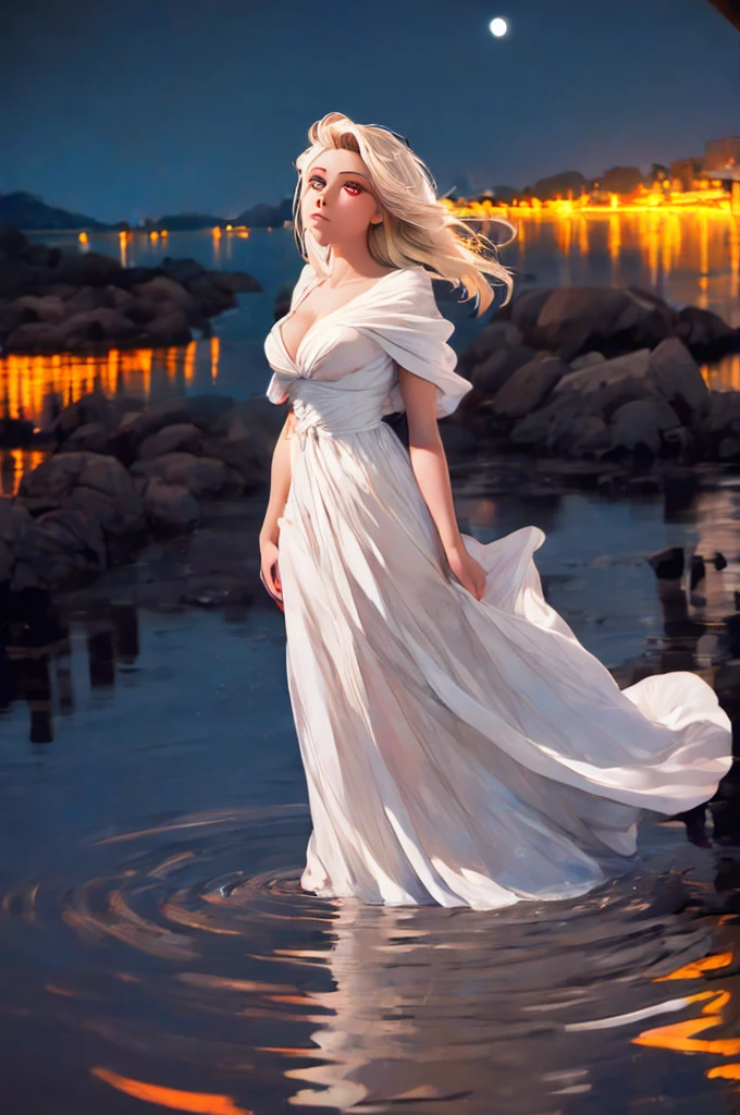 breathtaking  1girl,  standing on shallow water, dark moonless sky background, dress hems floating gently on the surface of the water, glowing body, in dark, neon lamp gemshadow celestial maiden robe , masterpiece, award-winning, professional, highly detailed, 