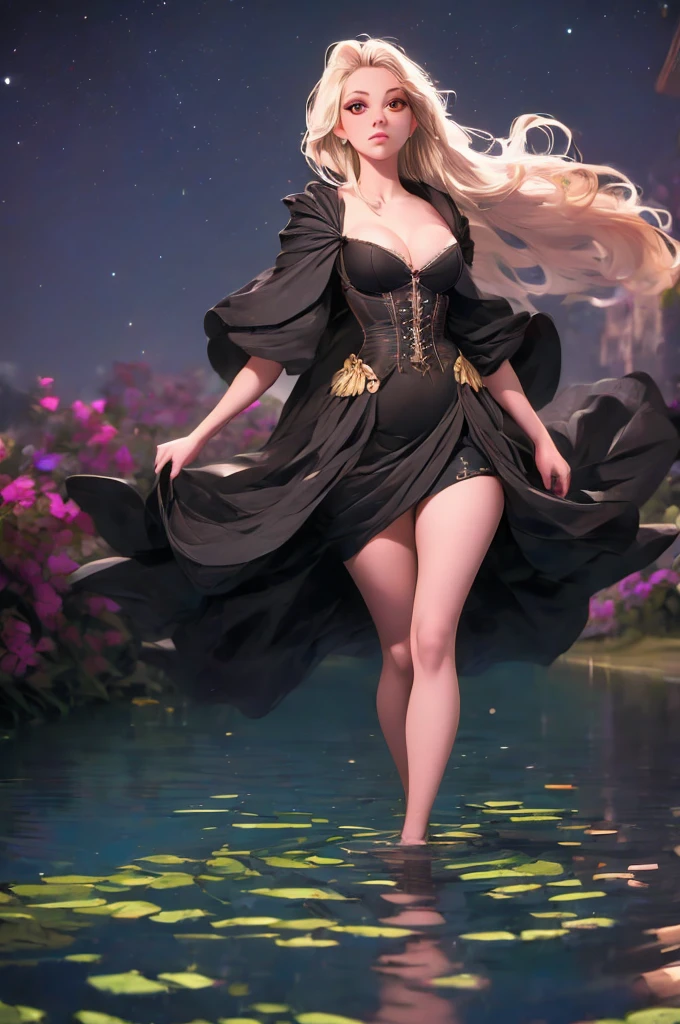 breathtaking  1girl,  standing on shallow water, dark moonless sky background, dress hems floating gently on the surface of the water, glowing body, in dark, neon lamp gemshadow celestial maiden robe , masterpiece, award-winning, professional, highly detailed, 