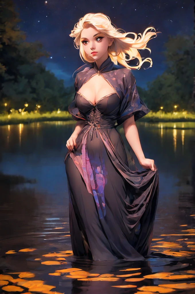 breathtaking  1girl,  standing on shallow water, dark moonless sky background, dress hems floating gently on the surface of the water, glowing body, in dark, neon lamp gemshadow celestial maiden robe , masterpiece, award-winning, professional, highly detailed, 