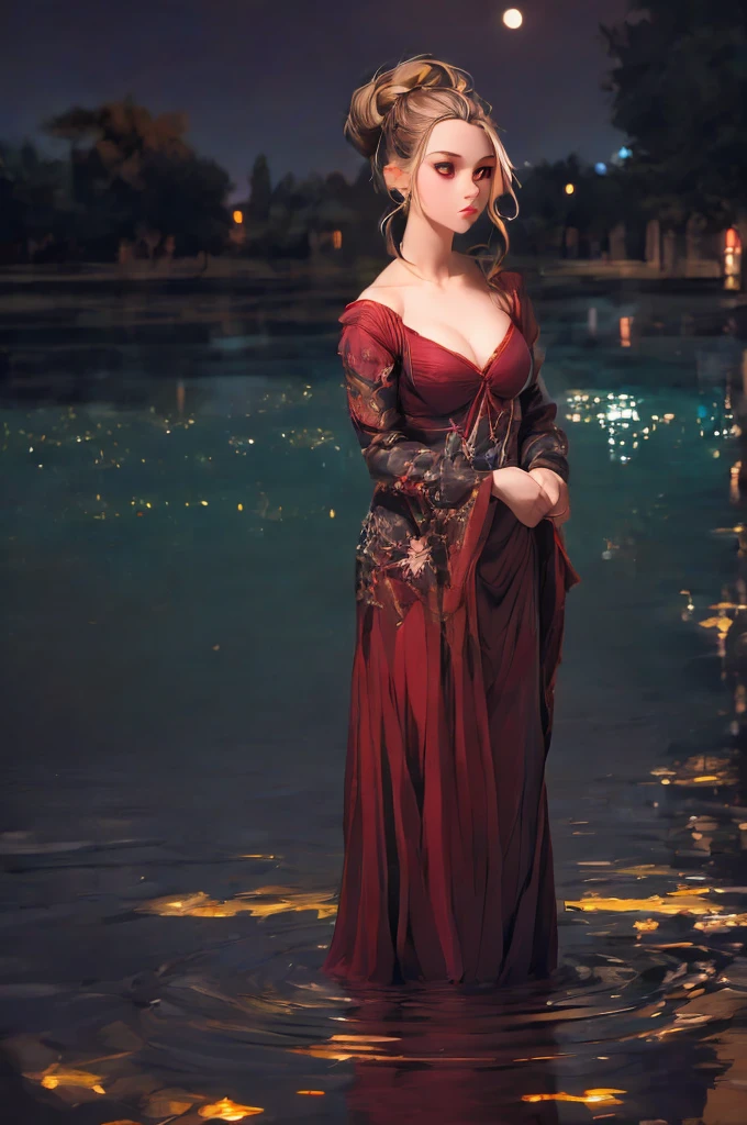 breathtaking  1girl,  standing on shallow water, dark moonless sky background, dress hems floating gently on the surface of the water, glowing body, in dark, neon lamp gemshadow celestial maiden robe , masterpiece, award-winning, professional, highly detailed, 