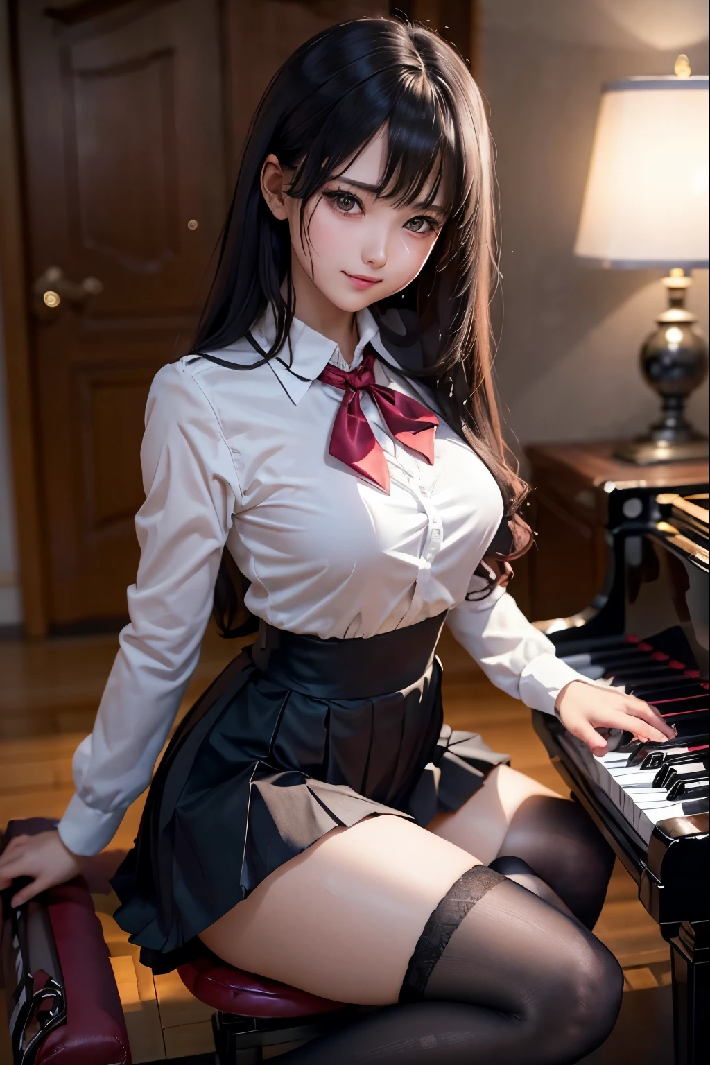 high school girlブレザー、high school girl、Red Check Skirt、JK Style、Jacket、smile、garter、Knee socks、Panty stocking、Otherworldly beauty、Extraordinarily cute、boredom、unusual beauty、Black dark eyeshadow、Sadness、Good skin glow、Long Hair Straight Hair、Dark Gothic Makeup、Dark smile、Beautiful woman、Stained Glass Background、On the table、Best Quality、5 reference books、Sweat glistens on my chest、Sweat glistens on my face、Thigh sweat、sweating、Black frills East size Regular size、Dark pink hair、Age 22 years old、Sweat sticks to my thighy thighs sweat a lot and get sticky.、Thighs are sticky and shiny、Sweating on thighs and chest、Chest size: S、Slightly slim、全身sweating、play piano、sit and play an instrument、The legs are thin、