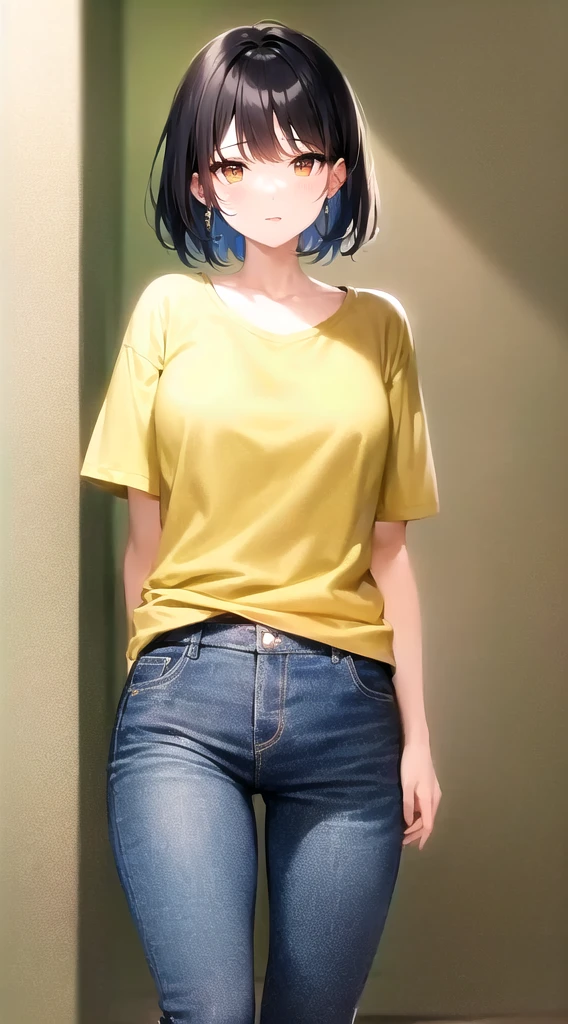 arafed woman in a yellow shirt and jeans posing for a picture, yellow clothes, with yellow cloths, in blue and yellow clothes, wearing a modern yellow tshirt, Wearing a shirt and jeans, wearing wheat yellow gauze, Full-body photogenic shots, Jackie Tsai Style, Wearing a blouse, Chie Yoshii&#39;s Style, (((yellow)))、low length、smile、Small breasts、