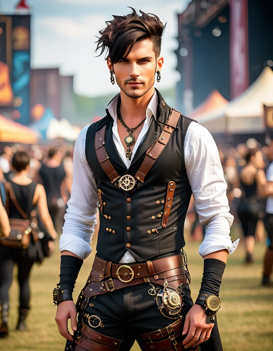 Steampunk Sportswear outfit at a music fest, attractive dark haired man, fashion photography
