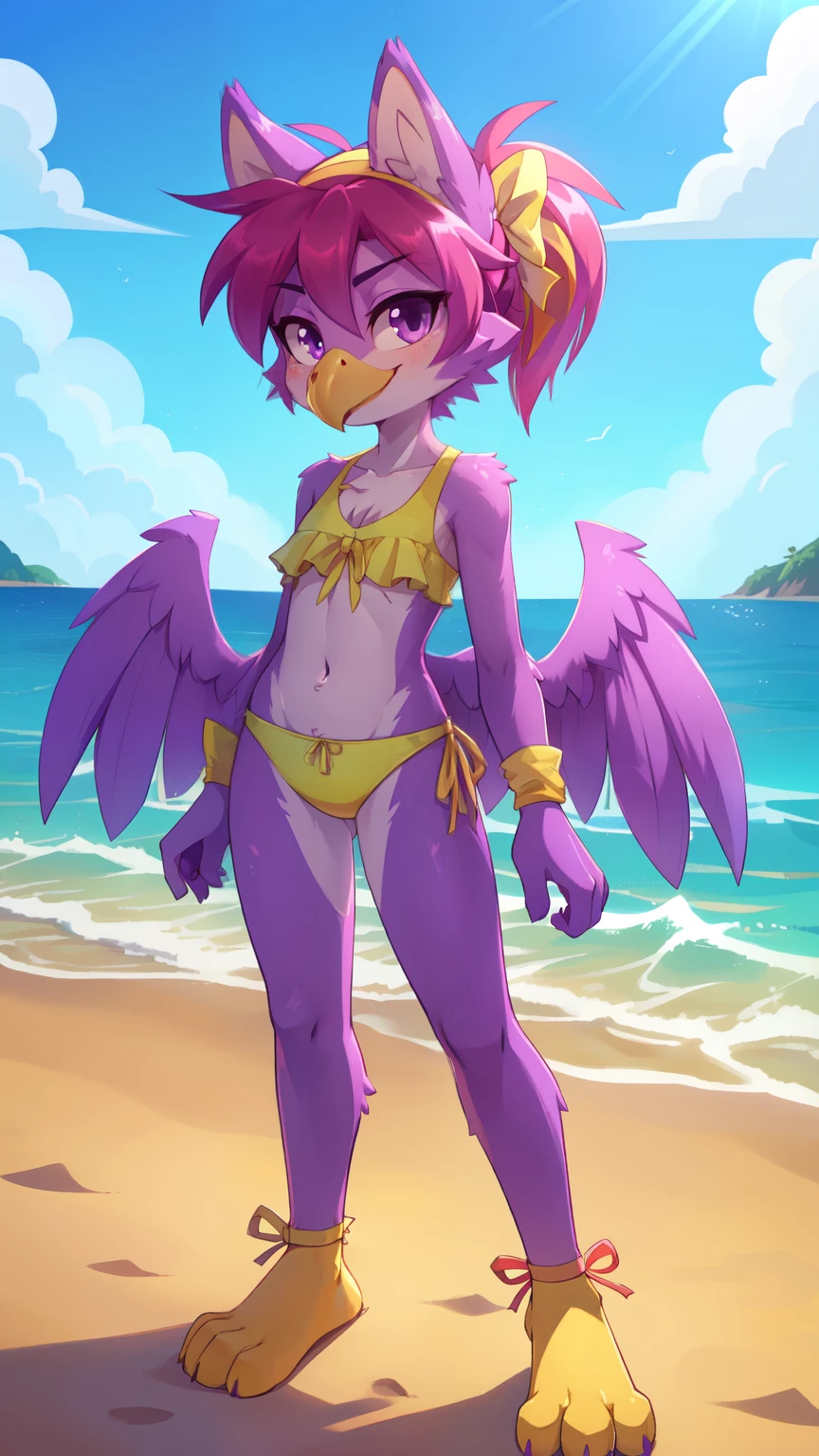 score_9,score_8_up,score_7_up, source_cartoon, source_furry, Furry girl, bird, yellow bird beak, magenta hair, short spiky hairstyle, short spiky ponytail, anime style, small breasts, purple eyes, big eyebrows, purple animal ears, ((bright yellow swim top and ruffled swim bottom, colorful pattern, yellow headband with ribbon)), high quality, detailed body, detailed eyes, detailed face, masterpiece, glistening body, detailed body fur, best quality, clear purple body fur, skinny, back avian wings, avian, detailed hands, perfect lighting, perfect shadows, perfect eyes, perfect hair, perfect face, gorgeous body, full body, ((yellow feets, feets with three toes, 3 toes)), smirk, beach, clear sky, standing,