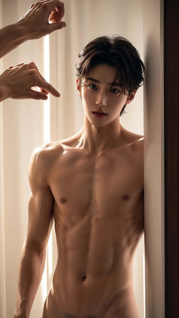 A handsome boy without clothes appears in the room at night，Slender, tender, sexy and cute，Sweating，Having physical contact with another man