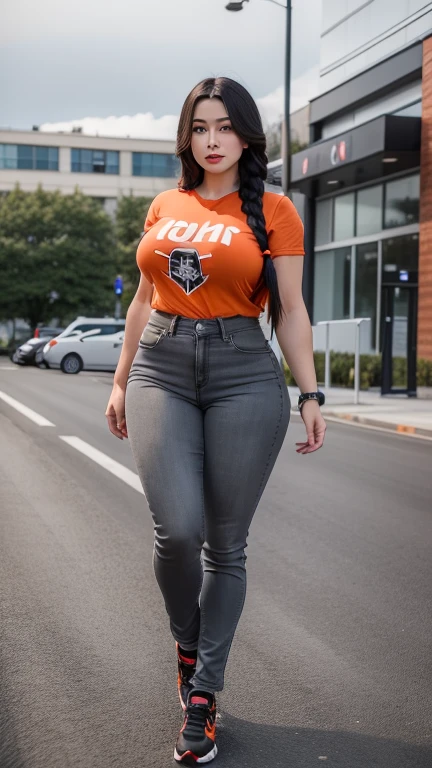 perfect facial, female adult with very long black braid hairstyles and very big, with gray eyes, with red lips, with biggest chest, with orange t-shirts , with Black Black jeans pants, with muscle building body and very big,With huge, wide-muscled legs, body full of photo