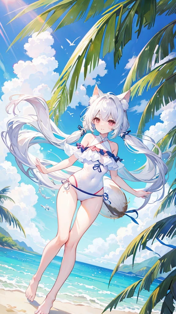 A full body photo of a cool white double-tailed beautiful girl,High-resolution details,Beach,coconut tree,(Happy, cheerful and lively),Perfect body,(Super clear picture quality),(String-style swimsuit with cute pattern)((Slender and slender legs)