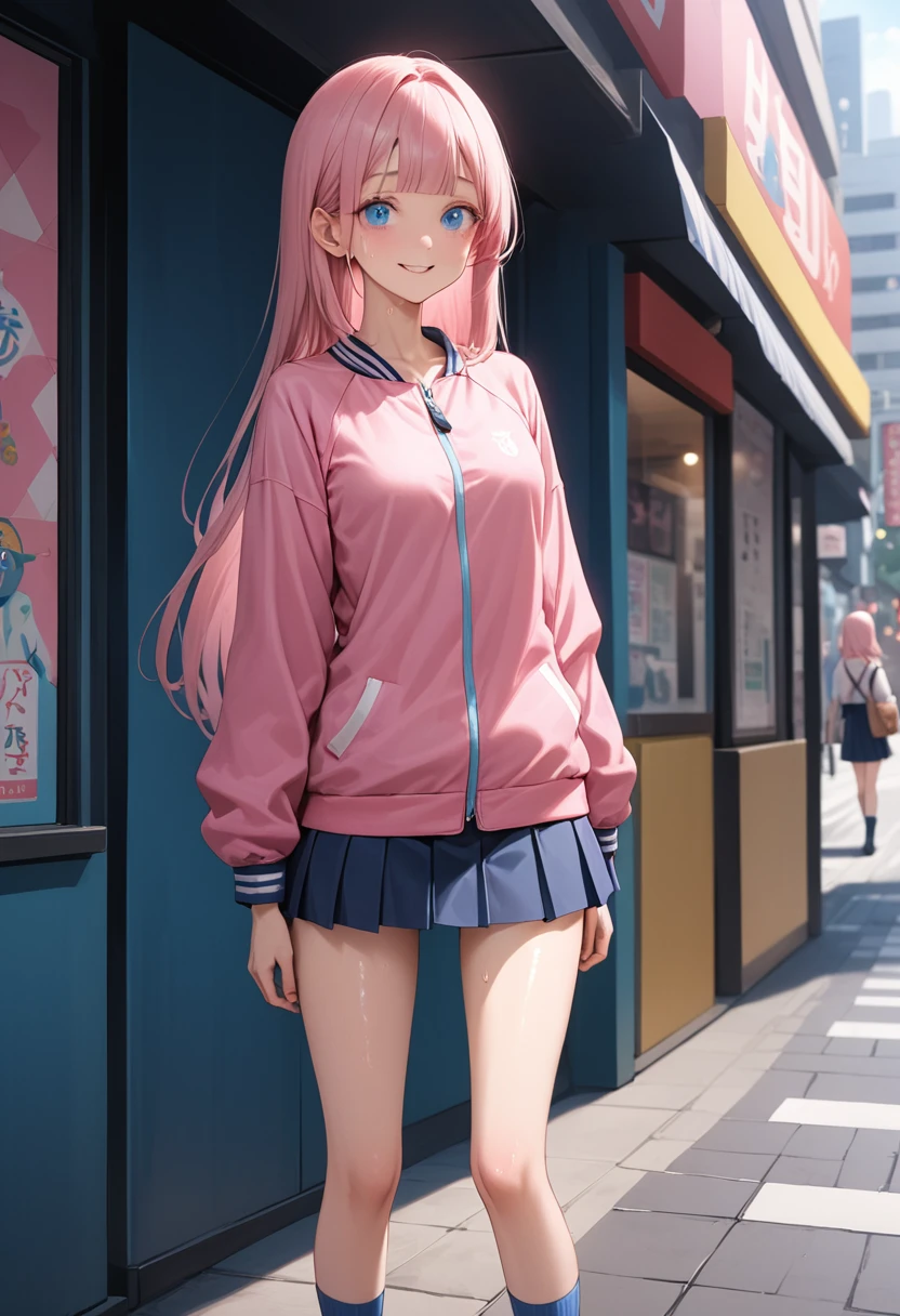 ((masterpiece,Highest quality:1.3,best quality illustration)),cowboy shot,独奏,1woman,((Mature Beauty)),pink hair,straight long hair,bangs,light blue eyes,(gorgeous eyes),((very small head:1.3)),fun,smile,((very long body:1.2,skinny)),small breasts,((Pink baseball jacket、Navy blue pleated mini skirt)),navy blue sports socks、White sneakers、walk、gleaming skin,oily skin,slender body,sweat,standing,on street,Shibuya Station、