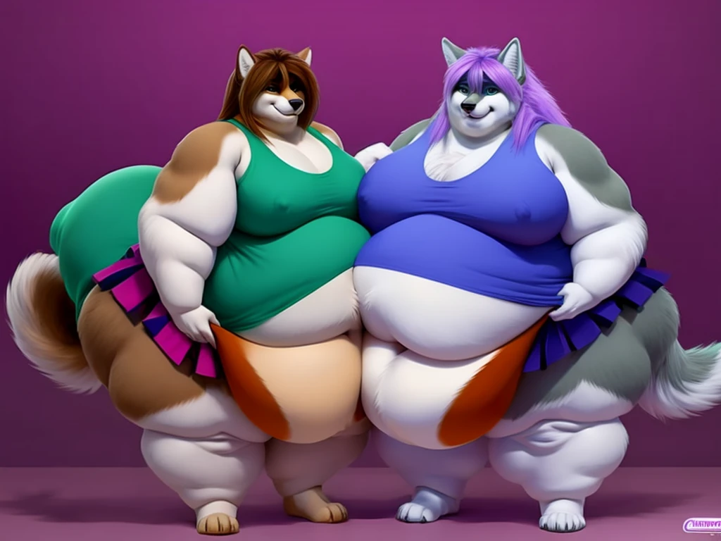 Husky, female, long white messy hair,messy hair , huge hips, huge breasts, huge thighs, morbidly obese huge bushy tail, bushy tail, bushy fur, eyelashes, voluptuous, plump, gorgeous, beautiful,duo,siberian background,lesbians, very fluffy fluffy, , belly rolls, fat rolls, belly overhang, tank top, skirt 