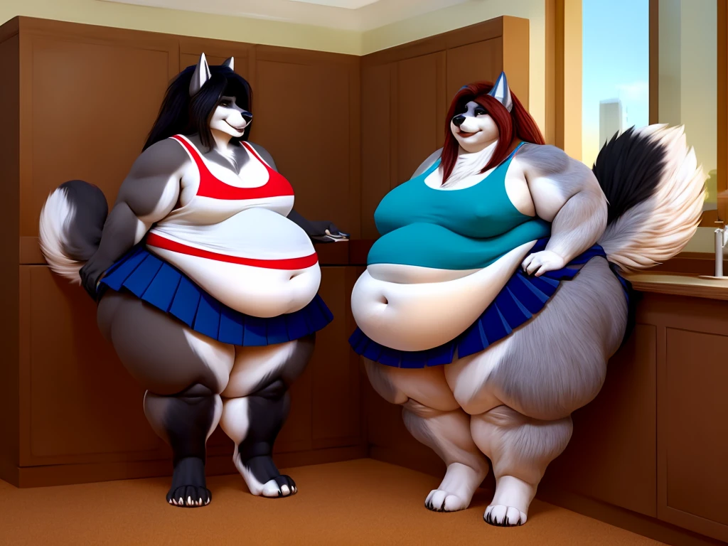 Husky, female, long white messy hair,messy hair , huge hips, huge breasts, huge thighs, morbidly obese huge bushy tail, bushy tail, bushy fur, eyelashes, voluptuous, plump, gorgeous, beautiful,duo,siberian background,lesbians, very fluffy fluffy, , belly rolls, fat rolls, belly overhang, tank top, skirt