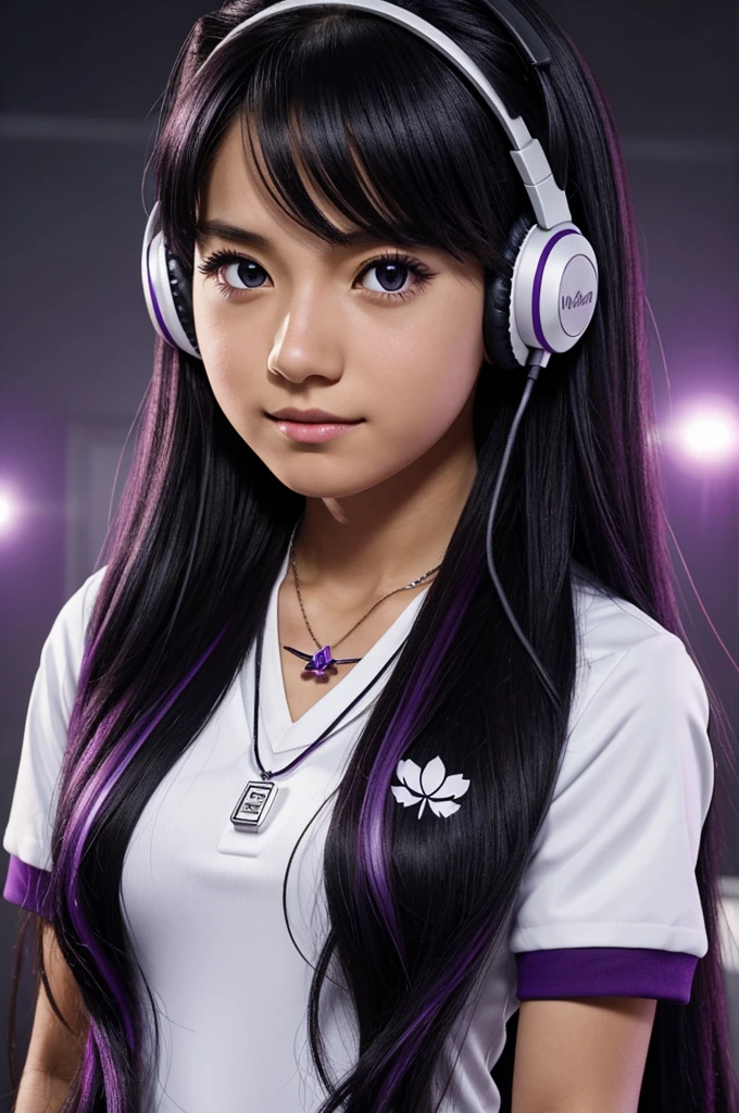 Girl with medium-long hair, not so much black, with purple highlights, black and dark eyes, medium-white skin, wearing the U uniform.A from the anime boku no hero academia,of accessories that wears a clover necklace and headphones 