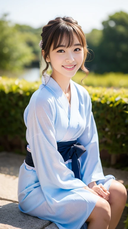 Pure Japanese style yukata girl, Wearing a traditional yukata, Natural Hairstyles, Cute smile, Sit in a relaxed mood, Sweet Temptation, Refreshing in early summer, Professional portrait photography, 