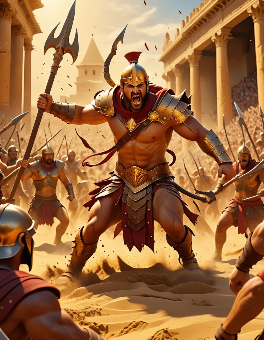 Concept art of a gladiator in battle gear with a trident, surrounded by sand and blood, while other fighters in the background clash in the arena, golden yellow color scheme, ancient coliseum with cheering crowds and dramatic lighting, digital painting in the style of ArtStation, intense action scene