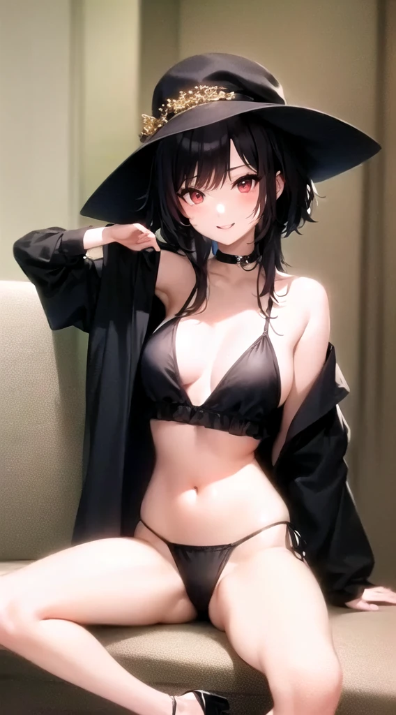 Arabian woman in black bikini and hat sitting on sofa, wearing two - piece Swimwear, Japanese Model, Slim girl photos model, Chiho, Yasumoto Oka, Young and skinny gravure idol, Chiho ashima, With hat, kiko mizuhara, Slim girl photos, Gorgeous Young Korean Woman, 2 4-year-old female model, Swimwear、low length、smile、Small breasts、