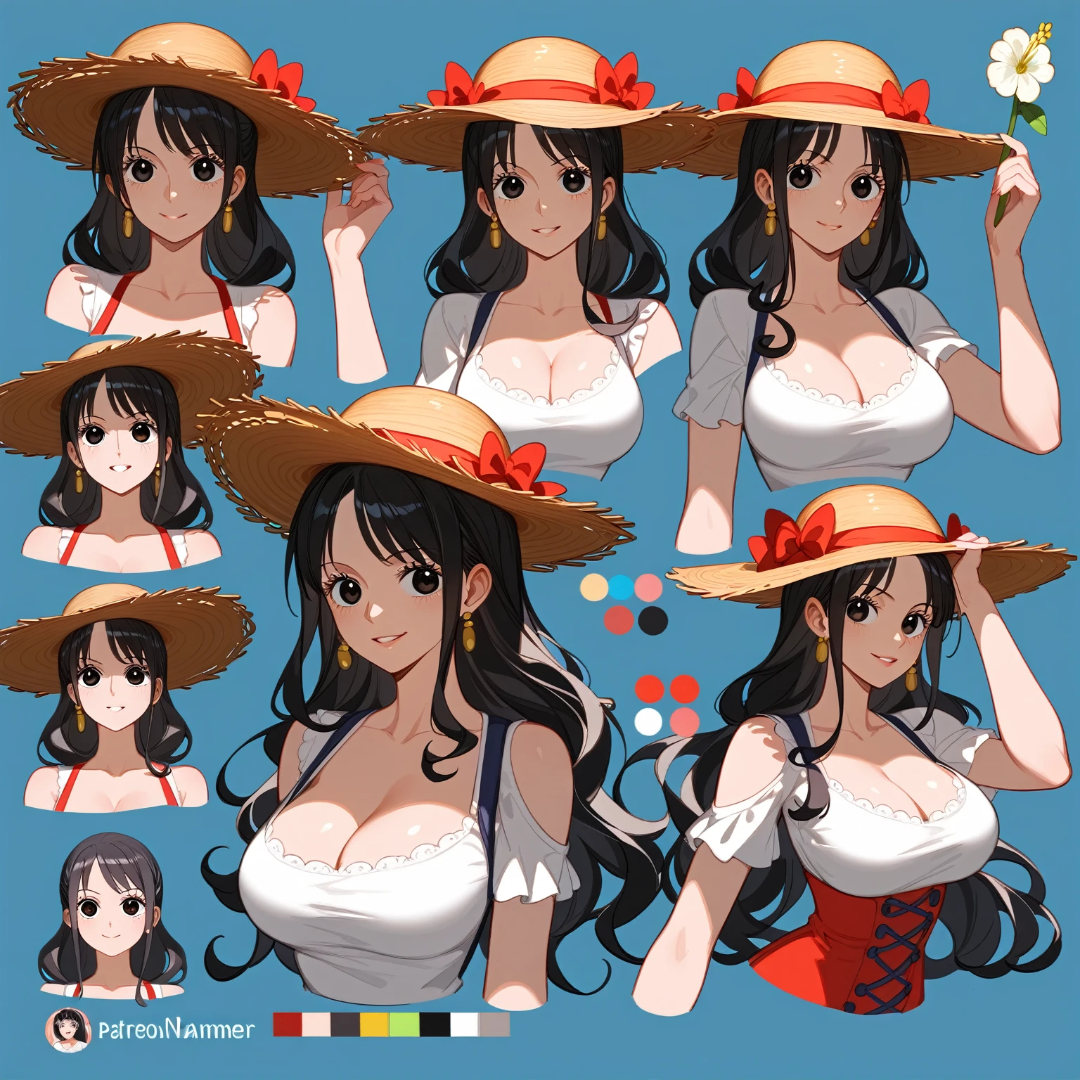 Highest quality, Ultra-detailed CG Unity 8k Wallpaper, Beautiful details、kind、Straw hat、older sister、Black Hair、Large Breasts、Droopy eyes、Tolerant、summer、田舎のolder sister、whole body画、Front view、Character Sheet、Mr.々A pose、Video game character design、whole body、Game setting materials、one piece、Character portrait、Standing posture