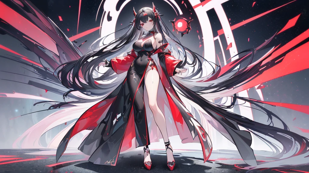 (Exquisite eyes),(Clear and beautiful eyes:1.61),masterpiece, ung girl,(Black clothes and some red gems), Black long hair, (She has a huge red gem on her chest), Good Hand,((The Havoc of StarCraft)),full-body shot,Fighting Stance,(Red Eyes:1.466),short and small,(Very big breasts:1.35),(Pretty Face),(full-body shot:1.33),Beautiful hands