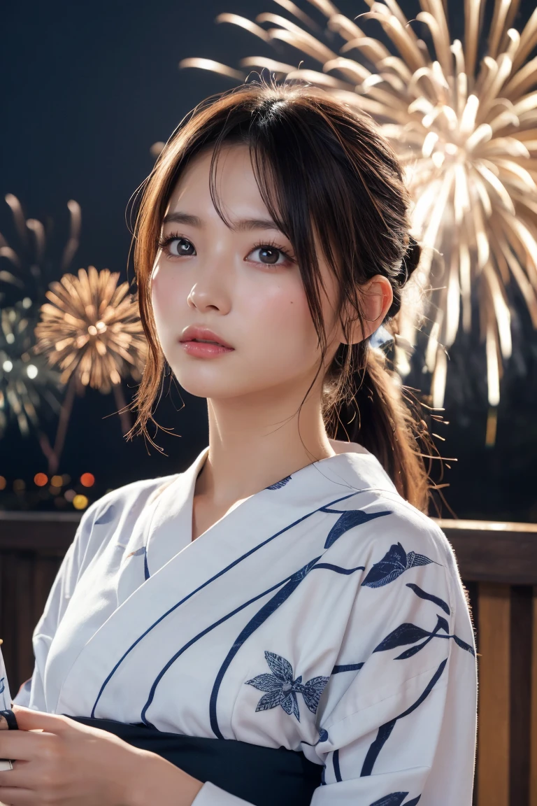 Highest quality, The finer details, (Beautiful One Woman))), Highly detailed eyes and face, firework, yukata, looking up at firework, ponytail, Large tear bags, double eyelid
