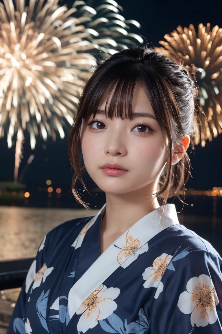 Highest quality, The finer details, (Beautiful One Woman))), Highly detailed eyes and face, firework, yukata, looking up at firework, ponytail, Large tear bags, double eyelid