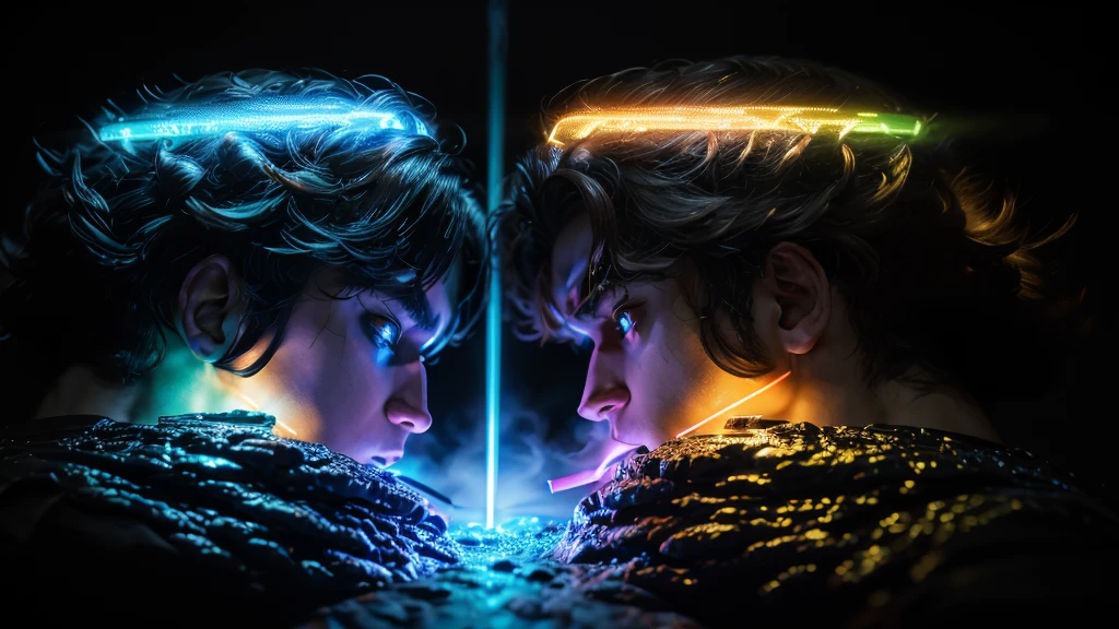 one shot,battle between titans and Olympians gods, high detail, wide shot, 4K, 3D, REALISTIC, (iridescent glow smoke), UHD, 32K, very bold neon colors, black light, neon light