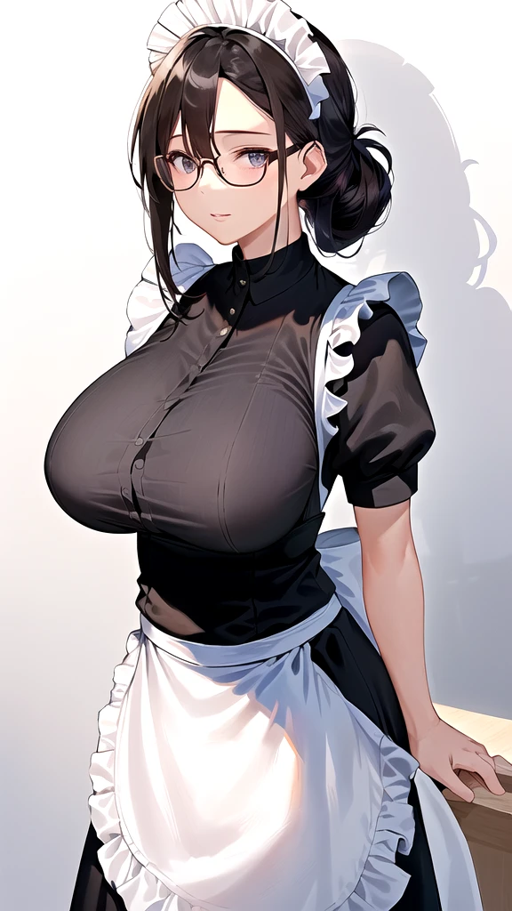 {{masterpiece}},high quality, 4K, 2D,1 girl,{simple gray background},(45 year old woman,mature female:1.5),standing,(sagging breasts:0.4),(gigantic breasts:1.3),(maid:1.5), black hair,(chignon:1.2),1 braid,impossible clothes, {from right in front of face and body},{front facing shot},Wear glasses