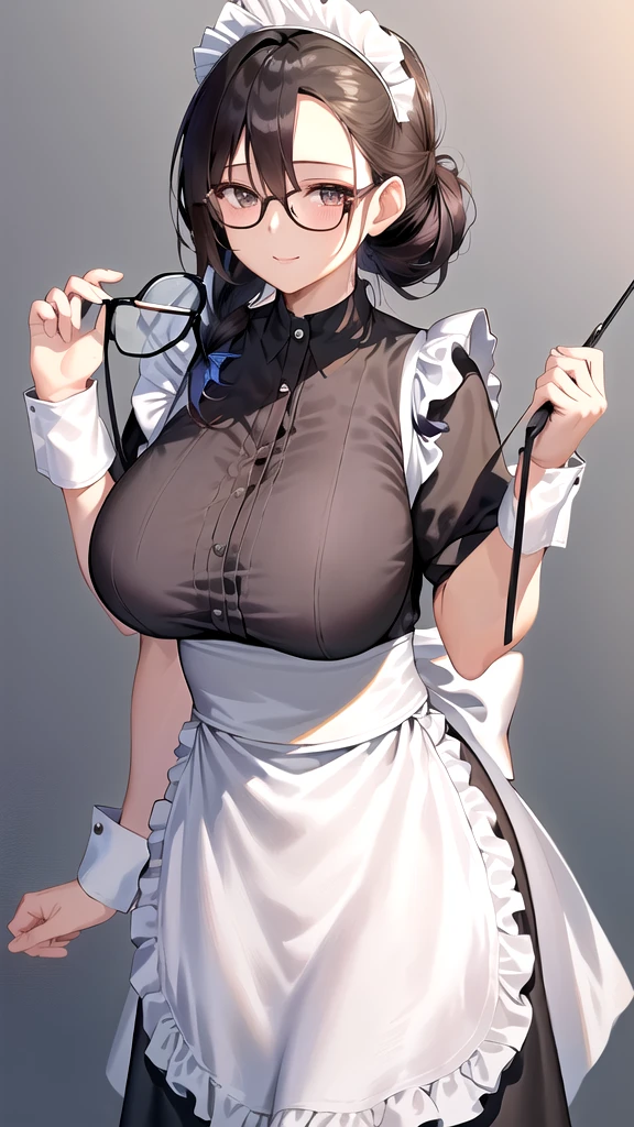 {{masterpiece}},high quality, 4K, 2D,1 girl,{simple gray background},(45 year old woman,mature female:1.5),standing,(sagging breasts:0.4),(gigantic breasts:1.3),(maid:1.5), black hair,(chignon:1.2),1 braid,impossible clothes, {from right in front of face and body},{front facing shot},Wear glasses