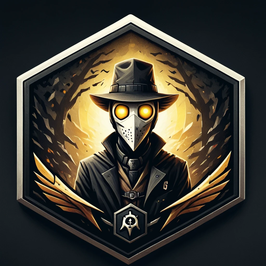 ultra high resolution, detailed, best quality, badgetype,solo badge,counter strike2 type badge,solo,looking at viewer,yellow eyes,1boy,male focus,no humans,mask,glowing,white background,portrait,straight-on,plague doctor, hat