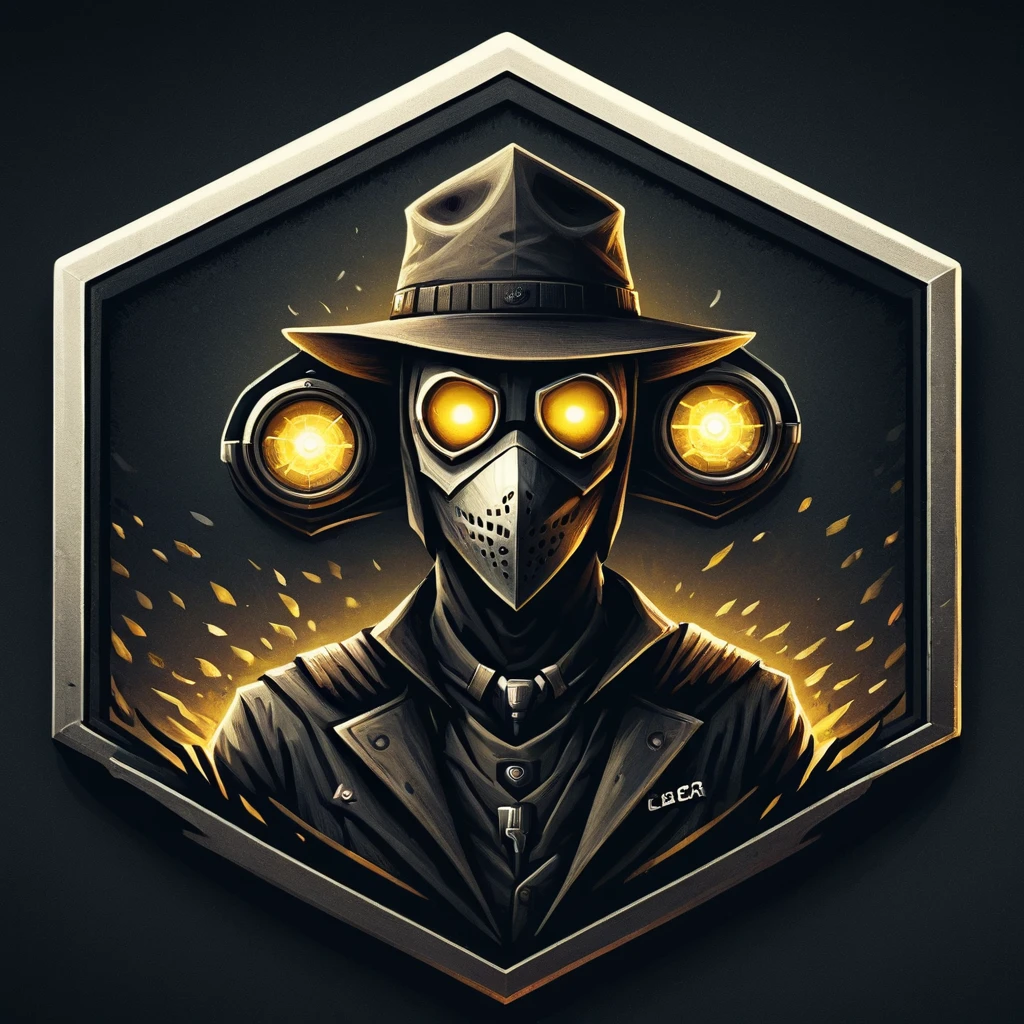 ultra high resolution, detailed, best quality, badgetype,solo badge,counter strike2 type badge,solo,looking at viewer,yellow eyes,1boy,male focus,no humans,mask,glowing,white background,portrait,straight-on,plague doctor, hat