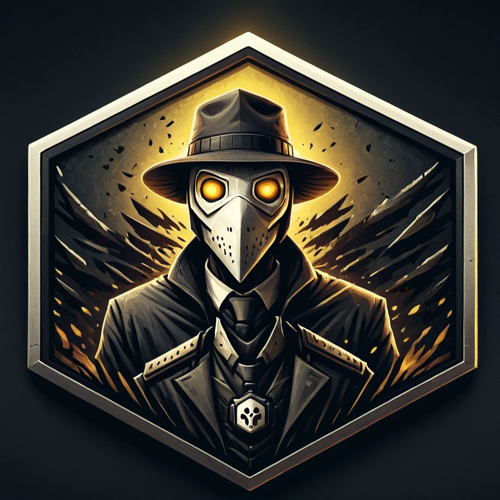 ultra high resolution, detailed, best quality, badgetype,solo badge,counter strike2 type badge,solo,looking at viewer,yellow eyes,1boy,male focus,no humans,mask,glowing,white background,portrait,straight-on,plague doctor, hat