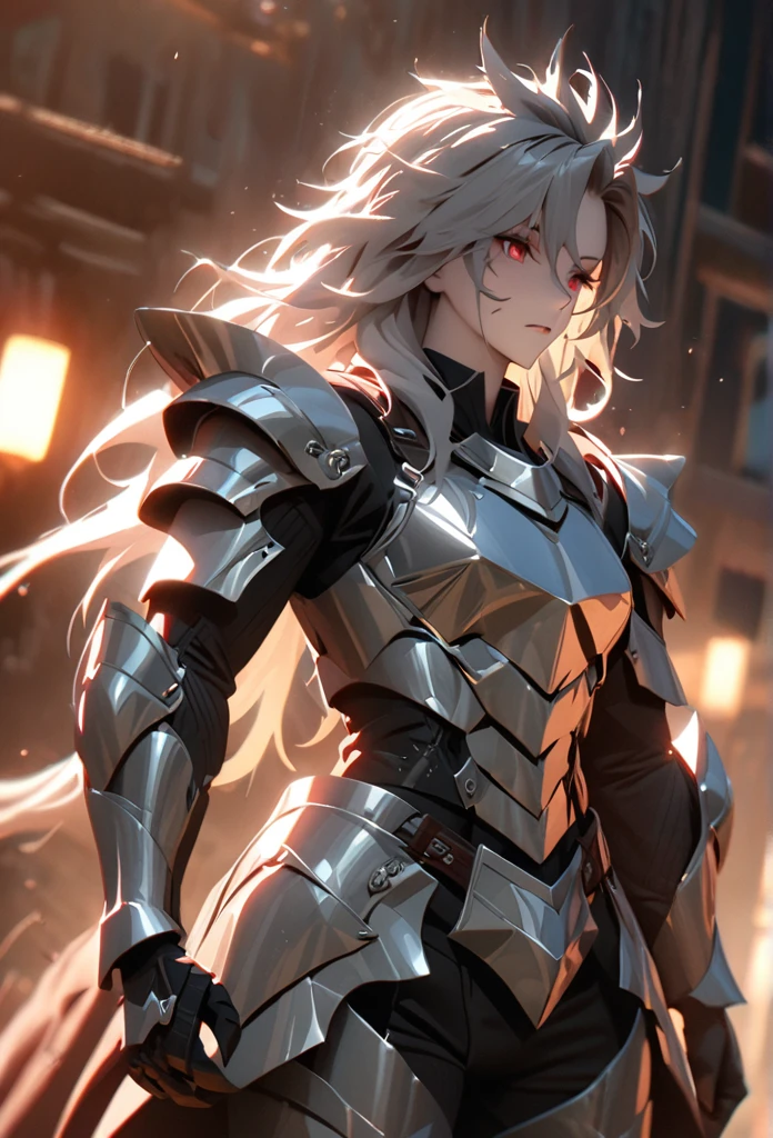 (solo), grey hair, messy hair, mane hair, long hair, dense hair, wild hair, expressive hair, mature,(25 year old), pale skin, red eyes, ((man)), wearing a silver armor, armored arms, armored legs, claws,, handsome, attractive, eye reflection, depth of field, thunder aura,cinematic lighting, ray tracing, depth of field, cinematic lighting, ray tracing, UHD, high details, best quality, highres, high quality, award winning, super detail, masterpiece, 8k, UHD, high details, best quality, highres, high quality, award winning, super detail, masterpiece, 8k, digital art, anime coloring, body shot, good face, perfect face, detailed face, good eyes