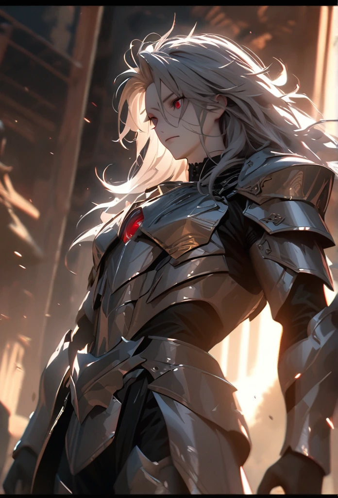 (solo), grey hair, messy hair, mane hair, long hair, dense hair, wild hair, expressive hair, mature,(25 year old), pale skin, red eyes, ((man)), wearing a silver armor, armored arms, armored legs, claws,, handsome, attractive, eye reflection, depth of field, thunder aura,cinematic lighting, ray tracing, depth of field, cinematic lighting, ray tracing, UHD, high details, best quality, highres, high quality, award winning, super detail, masterpiece, 8k, UHD, high details, best quality, highres, high quality, award winning, super detail, masterpiece, 8k, digital art, anime coloring, body shot, good face, perfect face, detailed face, good eyes