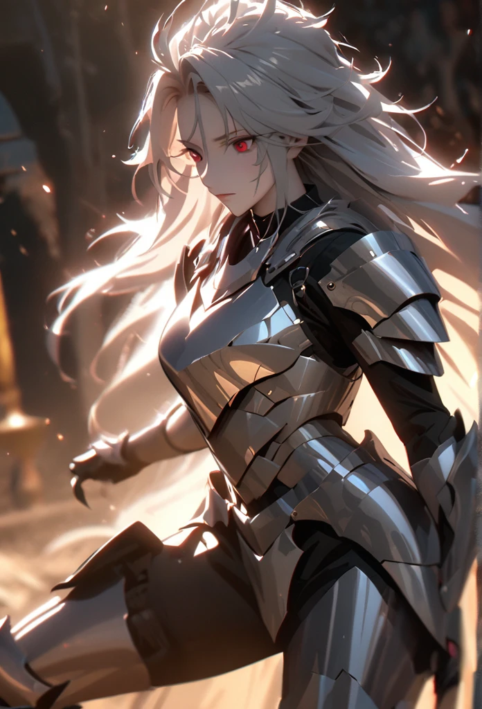 (solo), grey hair, messy hair, mane hair, long hair, dense hair, wild hair, expressive hair, mature,(25 year old), pale skin, red eyes, ((man)), wearing a silver armor, armored arms, armored legs, claws,, handsome, attractive, eye reflection, depth of field, thunder aura,cinematic lighting, ray tracing, depth of field, cinematic lighting, ray tracing, UHD, high details, best quality, highres, high quality, award winning, super detail, masterpiece, 8k, UHD, high details, best quality, highres, high quality, award winning, super detail, masterpiece, 8k, digital art, anime coloring, body shot, good face, perfect face, detailed face, good eyes