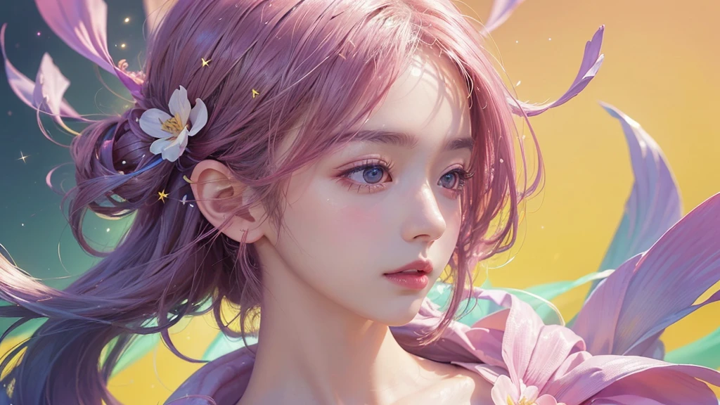 One girl, alone, flower畑, flower, (Official Art, unity 8k wallpaper, Super detailed, beautifully、aesthetic, masterpiece ,Highest quality:1.3), (Dynamic Angle:1.2), (Floating colorful sparkles:1) , elegant, Vibrant colors, Highly detailed face, Detailed eyes, Glowing Skin, Glossy Lips , Pale yellow background,