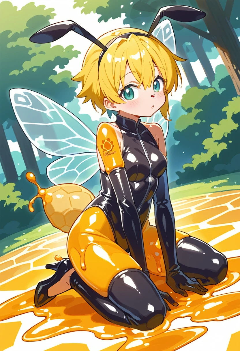 Highest quality, Highest quality, High quality illustrations, masterpiece, Ultra-high resolution, Detailed Background, honeycomb, in the forest, Absurd, Perfect Anatomy, performance, Good lighting, Shadows in the movies(kemono, Furry Personifi猫ion), bee, Honey Skin, Honey Latex, Rubber Suit, Honey Latexスーツ, Honey Lotion, beeスーツ, beeのコスチューム, beeのコスプレ, ゴム製のbeeのしっぽ, beeの羽, Bee wings, Honey Pool, Honey Lotionを浴びている, Covered entirely in honey slime, Kneeling, Tattoo, cyber punk, High heels, Honey Latexマスク, Dynamic Angle