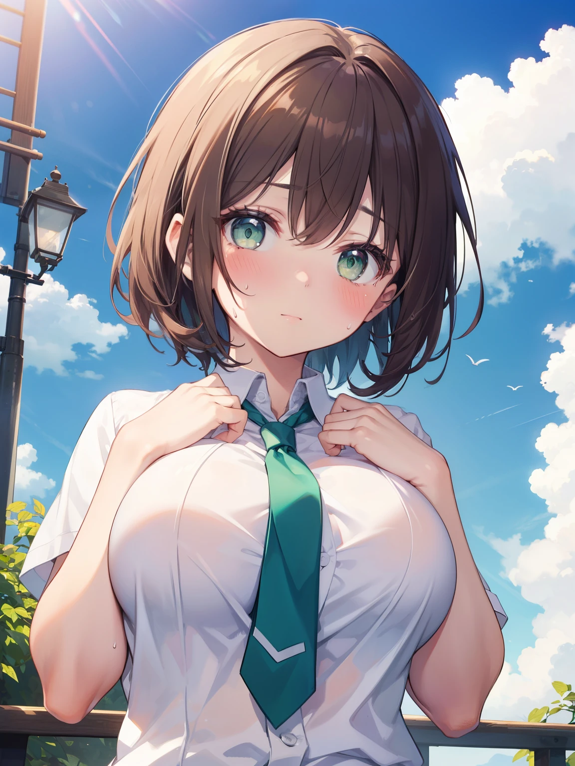((Highest quality, High resolution, Perfect Pixel, 4K)), (Beautiful Anime Girls), Depth of written boundary、
Watching the audience,
Perfect body,
(Big Breasts:1.1)、Brown Hair、Wavy Hair、Green Eyes、Short Hair、
White shirt、Green tie、
(blush、Embarrassing:1.3)、
Cover your chest with your hands、Sweat、
Outdoor、null、cloud、
From below、Focus on the chest、Upper Body、