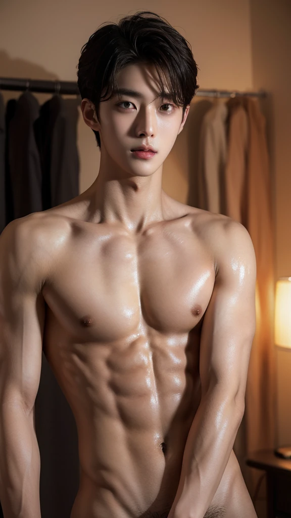 A handsome boy without clothes appears in the room at night,Slender, tender, sexy and cute,Sweating,Having physical contact with another man